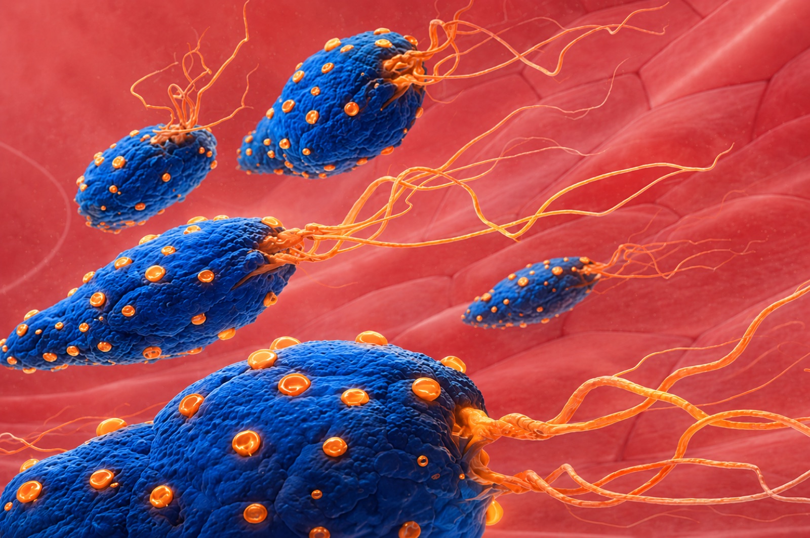 Bacterial Drones — blue payload-bearing cells with orange flagella moving through tumor tissue